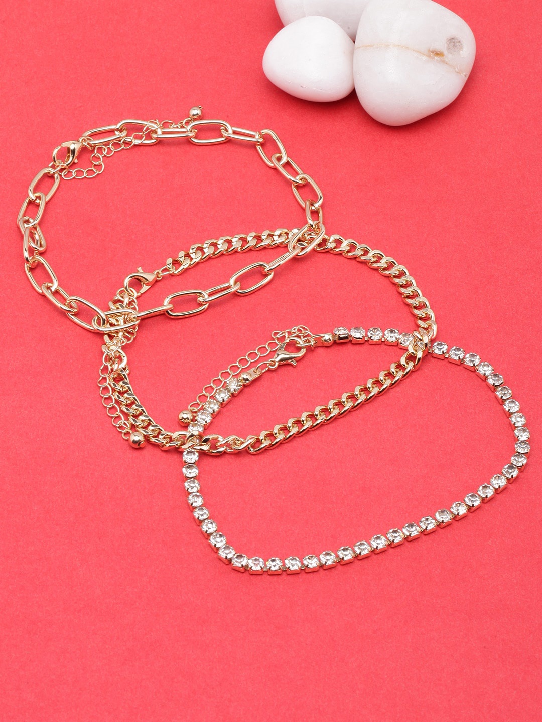 

DressBerry Set Of 3 Gold-Plated CZ Studded Anklets