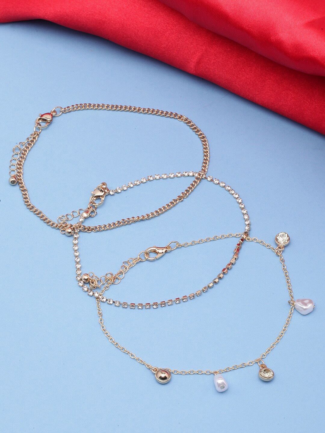 

DressBerry White Set Of 3 Gold-Plated CZ Studded Anklets