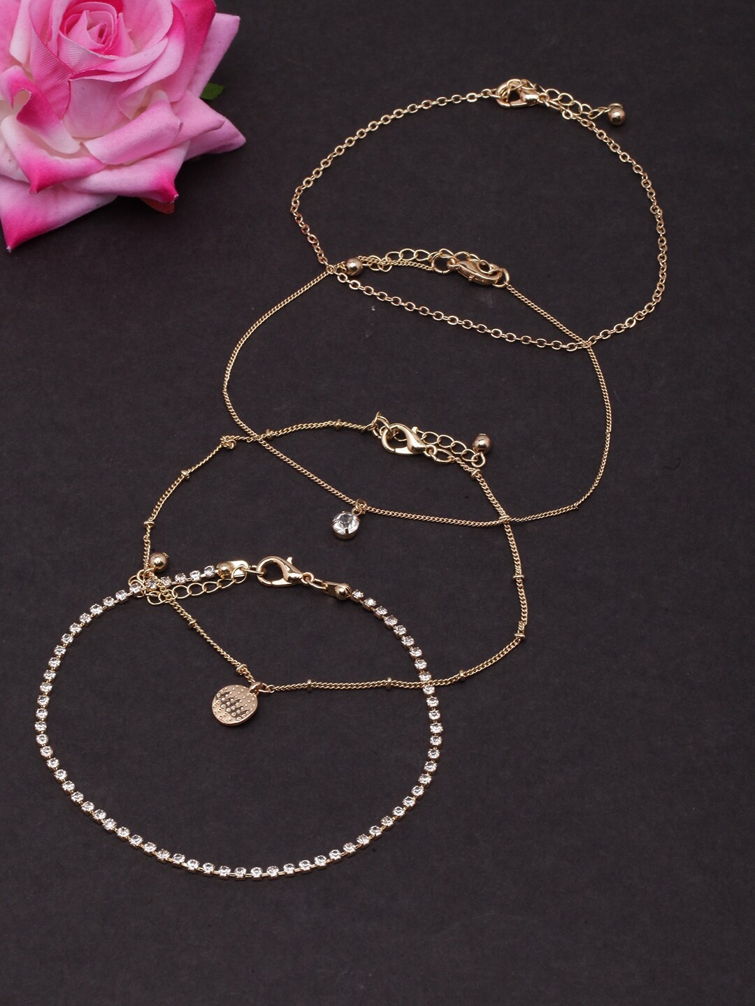 

DressBerry Set Of 4 Gold-Plated CZ Studded Anklets