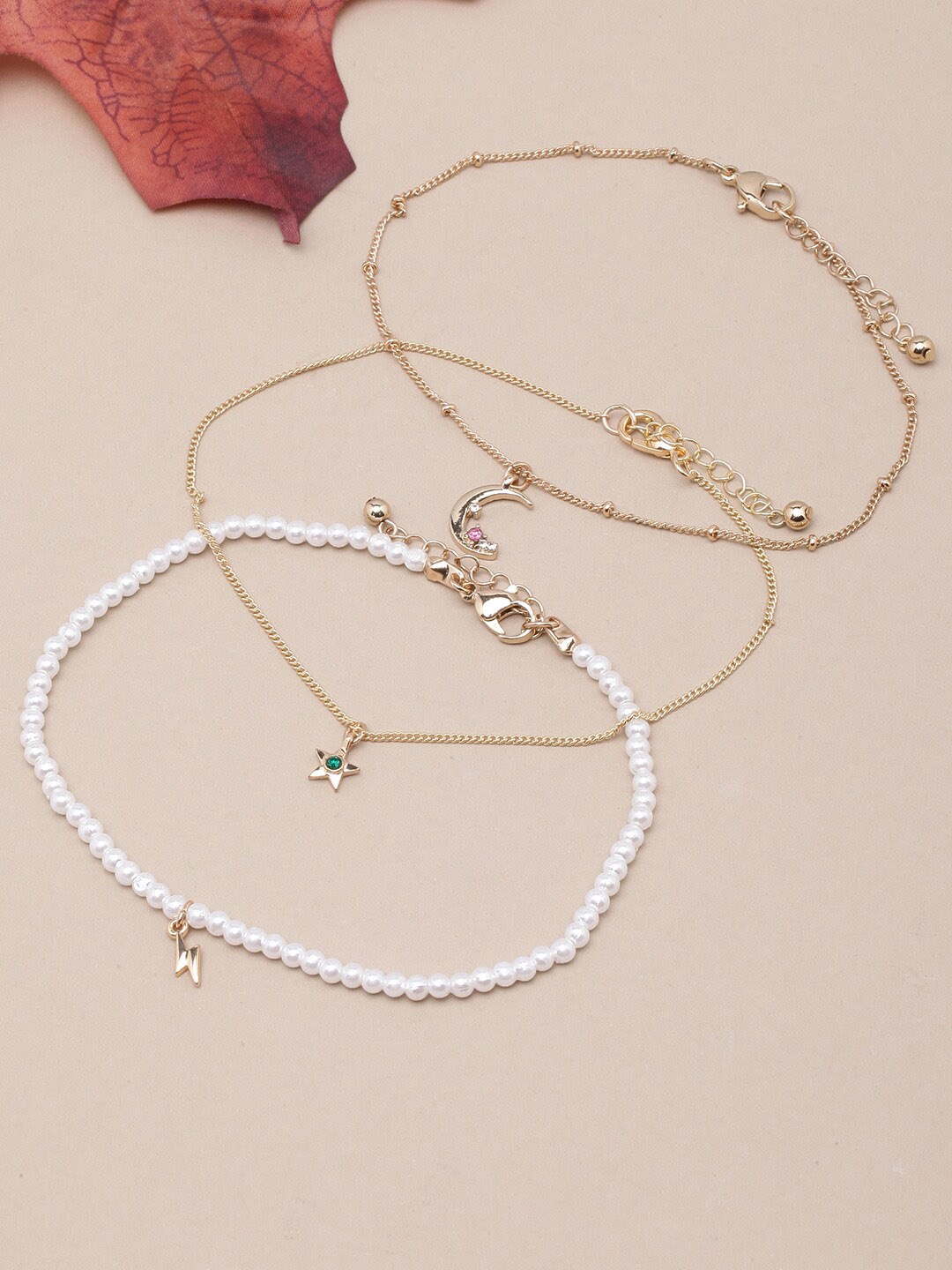 

DressBerry White Set Of 3 Gold-Plated Beaded Anklets