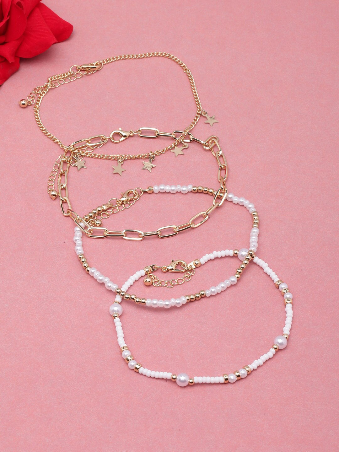 

DressBerry White Set Of 4 Gold-Plated & Beaded Anklets