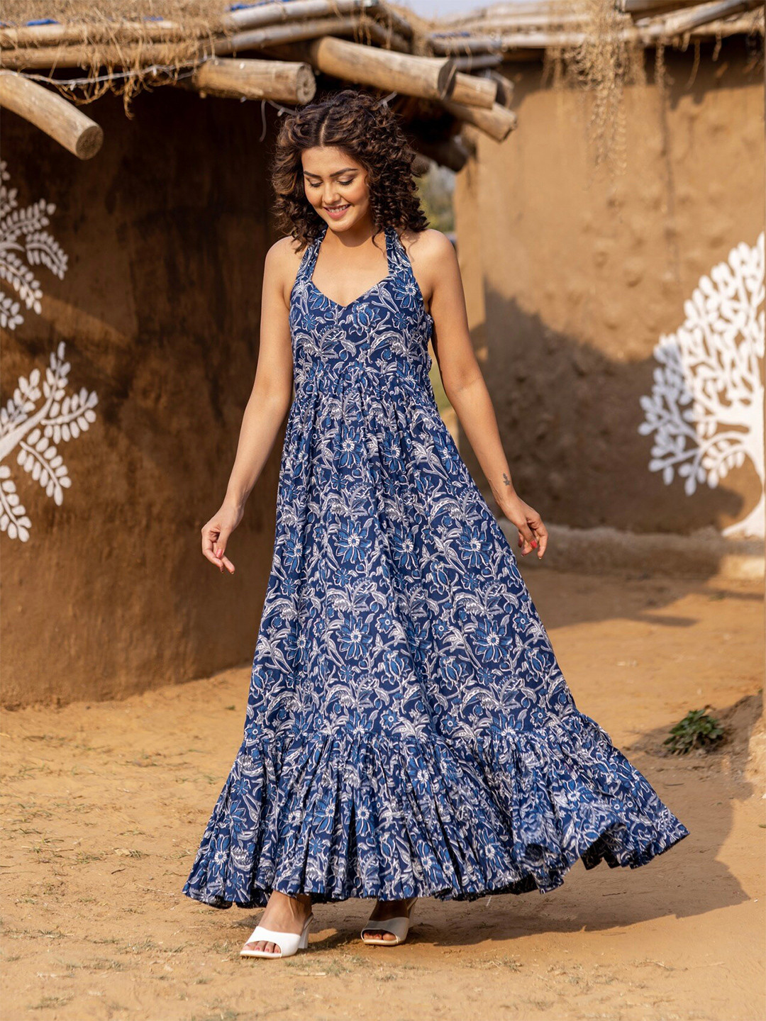 

OneWe Floral Printed Halter Neck Smocked Pure Cotton Maxi Dress, Navy blue