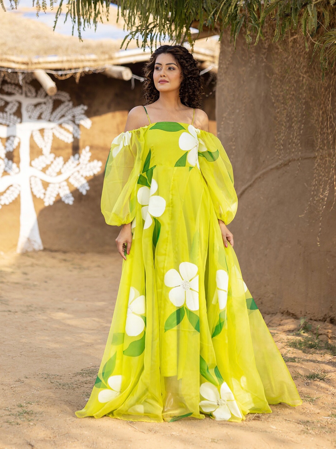 

OneWe Floral Printed Off Shoulder Organza Maxi Dress, Green