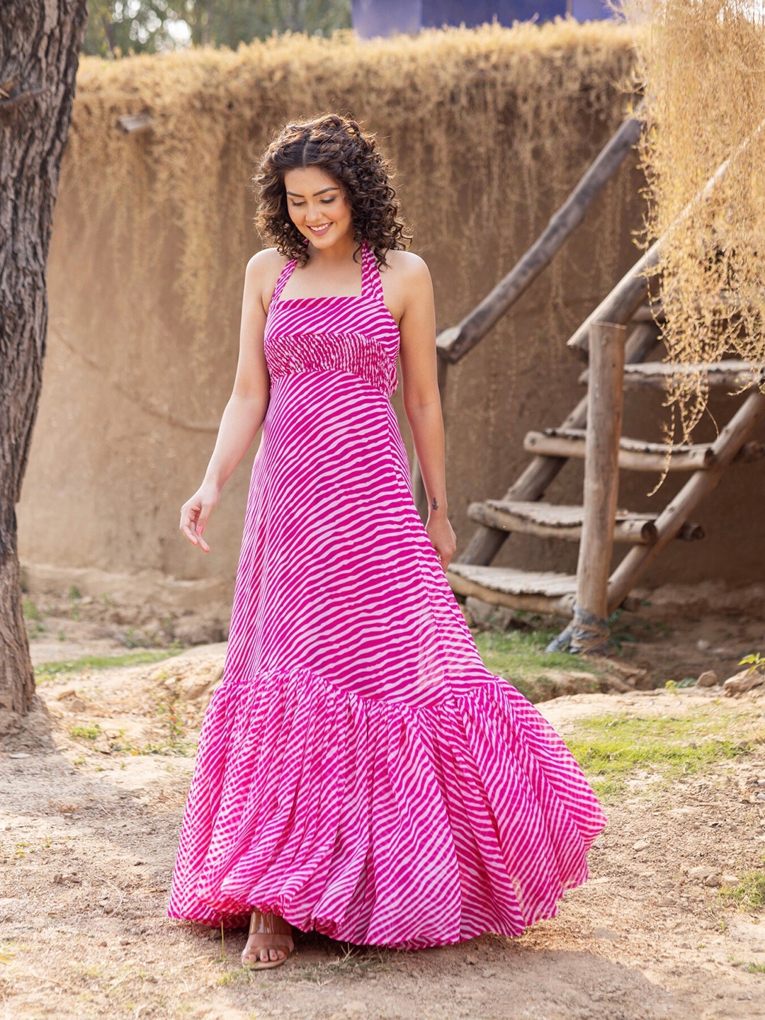 

OneWe Striped Printed Halter Neck Smocked Georgette Maxi Dress, Pink