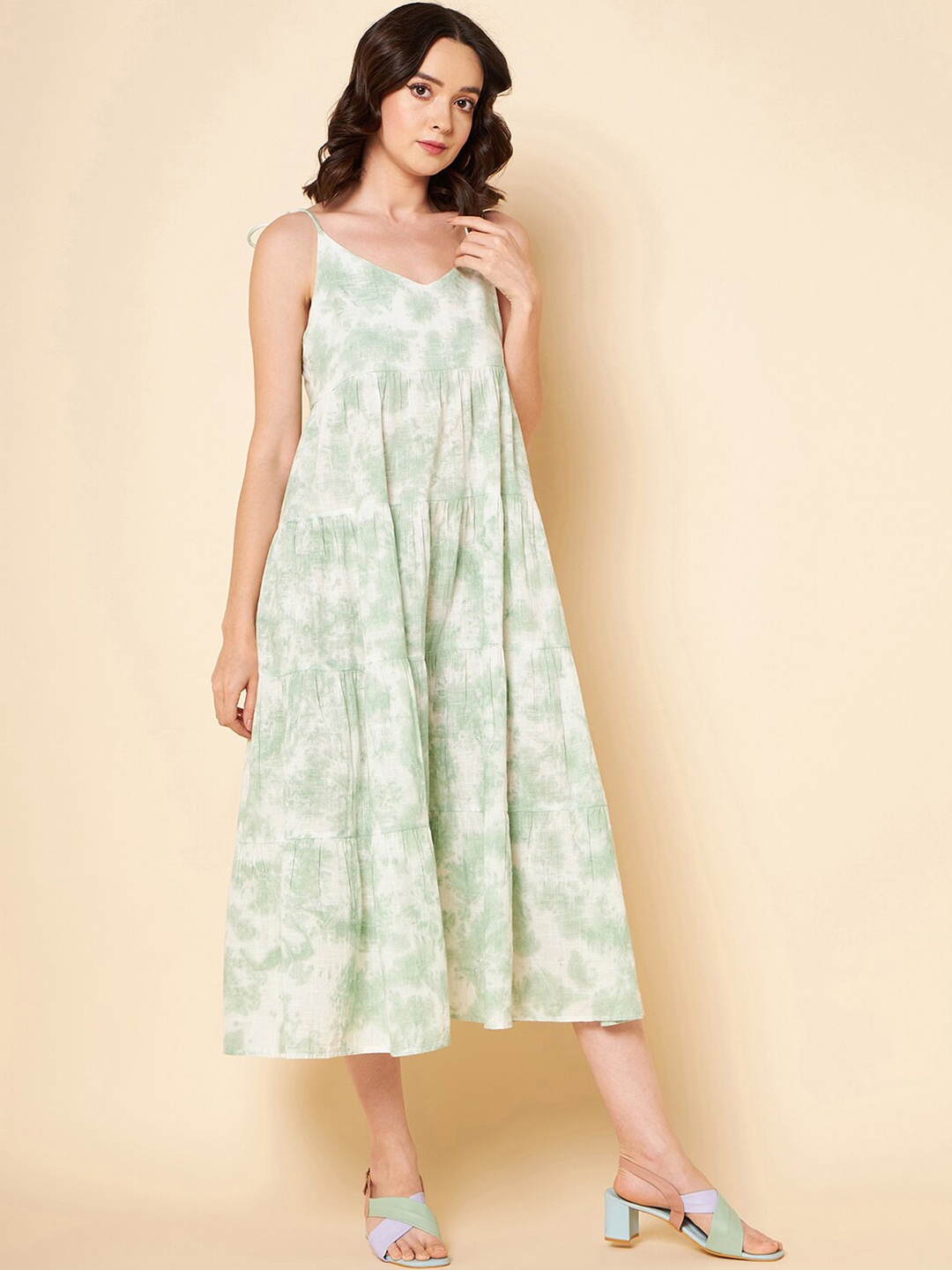 

High Star Abstract Printed Tiered Pure Cotton A-Line Midi Dress, Green