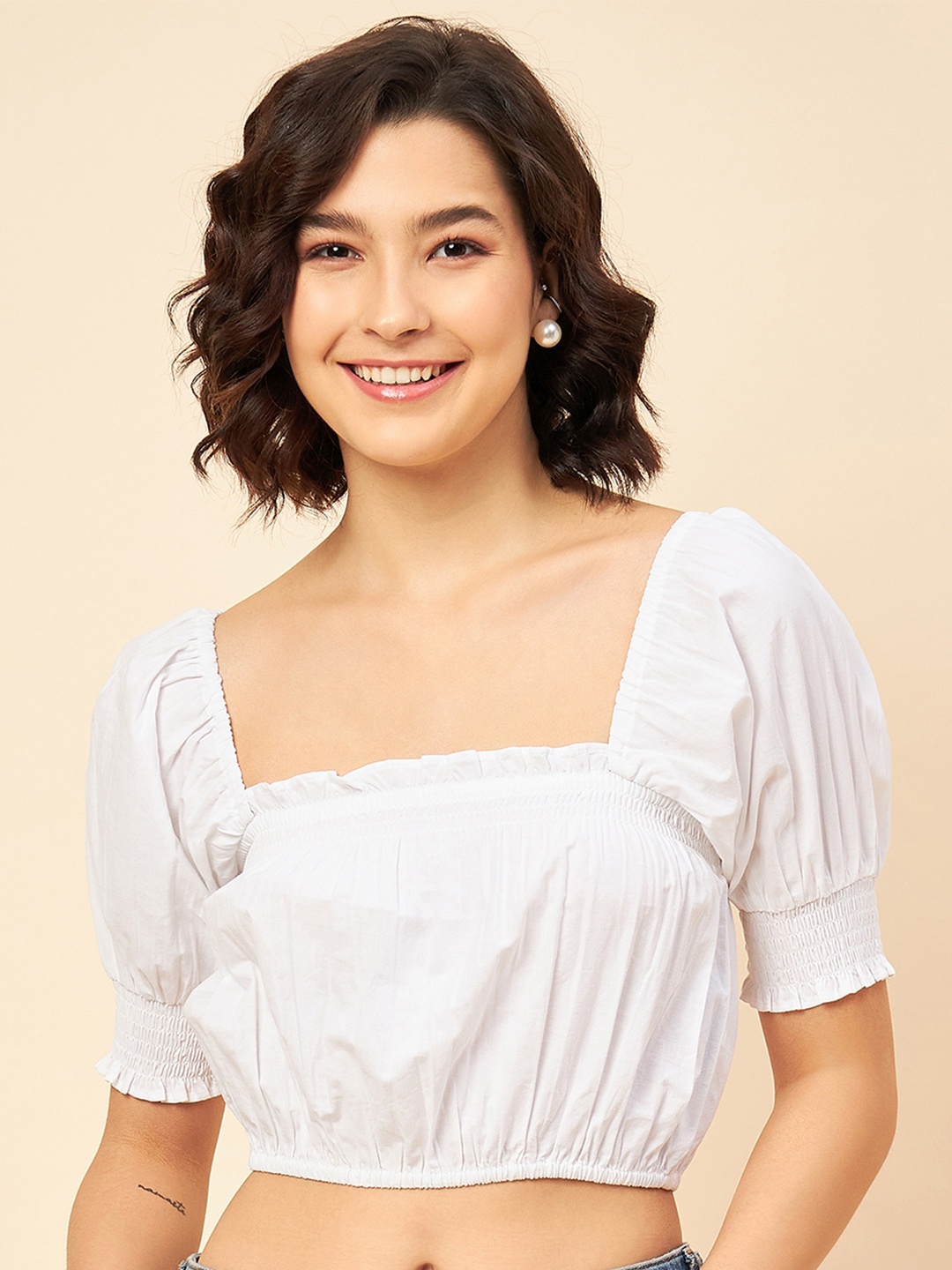 

High Star Puff Sleeve Cotton Pure Crop Fitted Top, White