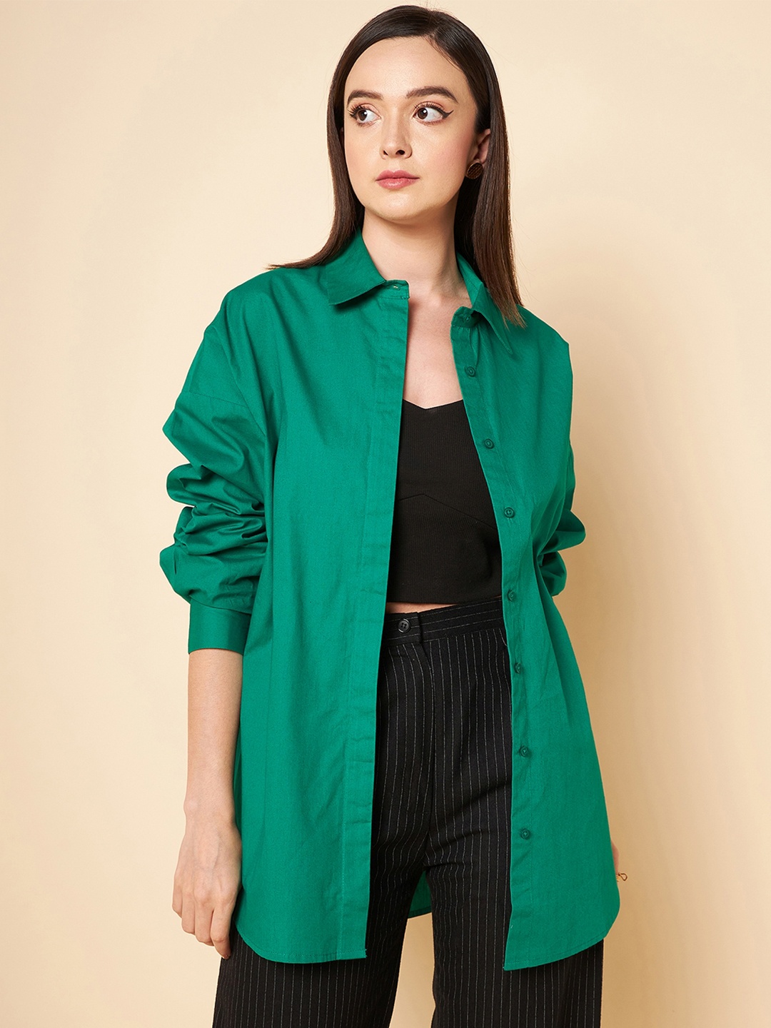 

High Star Oversized Solid Cotton Casual Shirt, Green