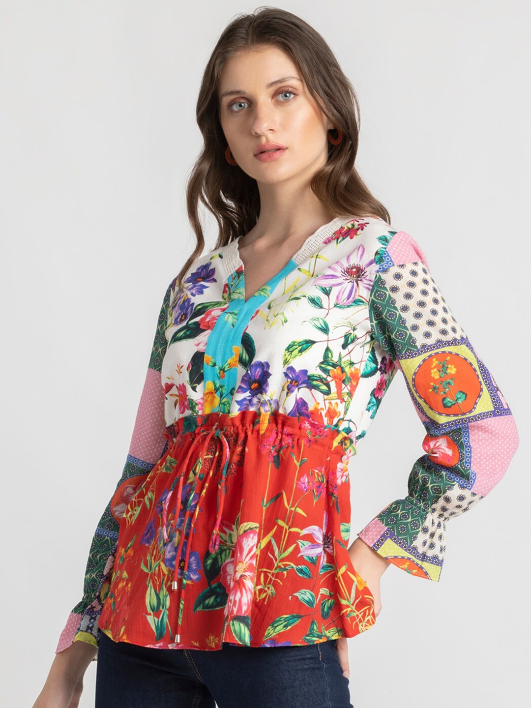 

SHAYE Floral Printed V-Neck Pure Cotton A-Line Top, White