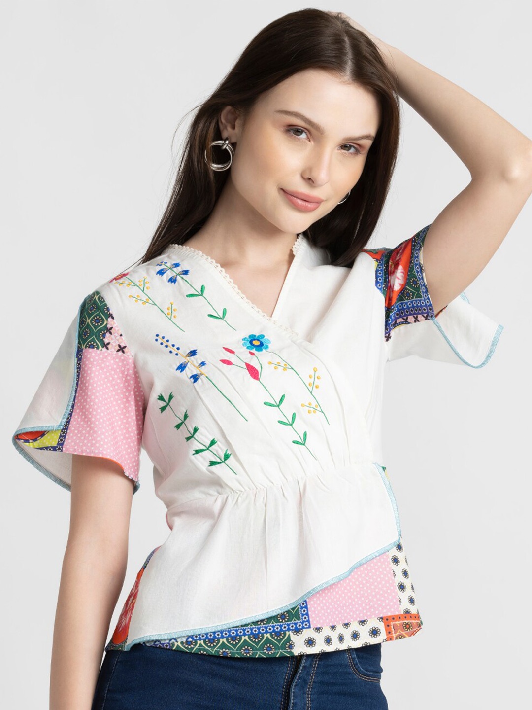 

SHAYE White Floral Embroidered Flared Sleeves Pure Cotton Peplum Top