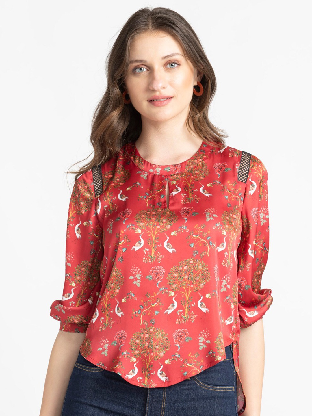 

SHAYE Floral Printed Round Neck Casual Top, Red