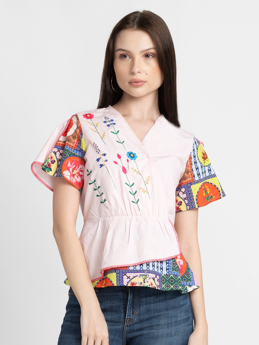 

SHAYE Floral Embroidered V-Neck Pure Cotton Peplum Top, Pink