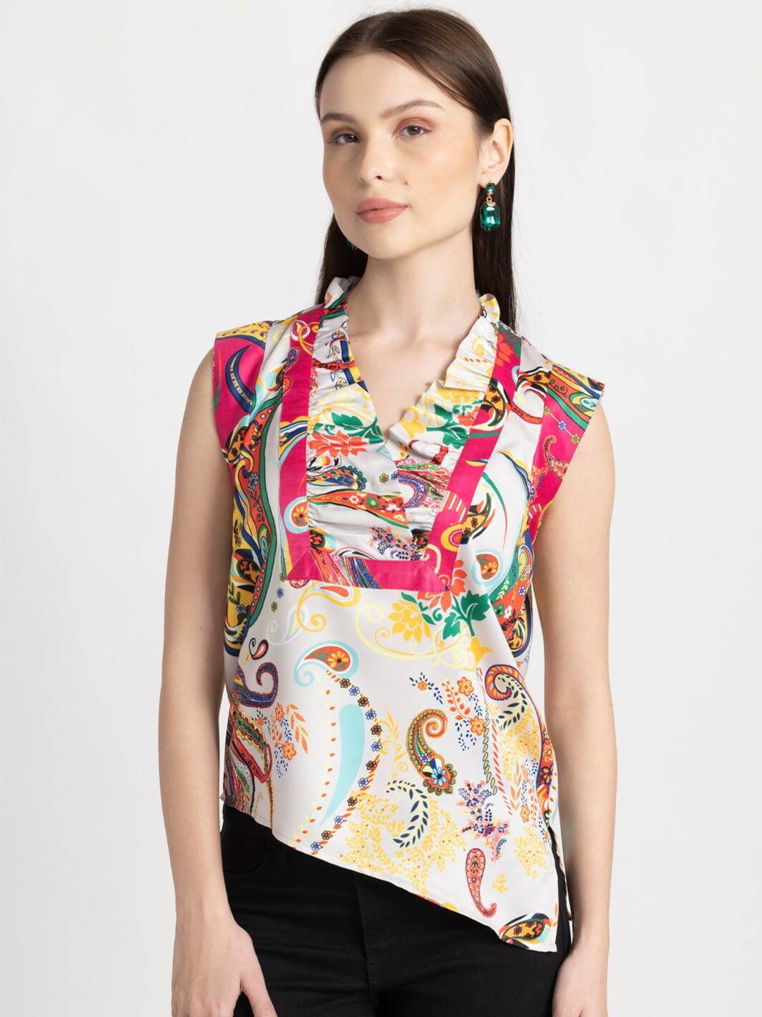 

SHAYE Floral Printed Ruffles High-Low Satin Top, White