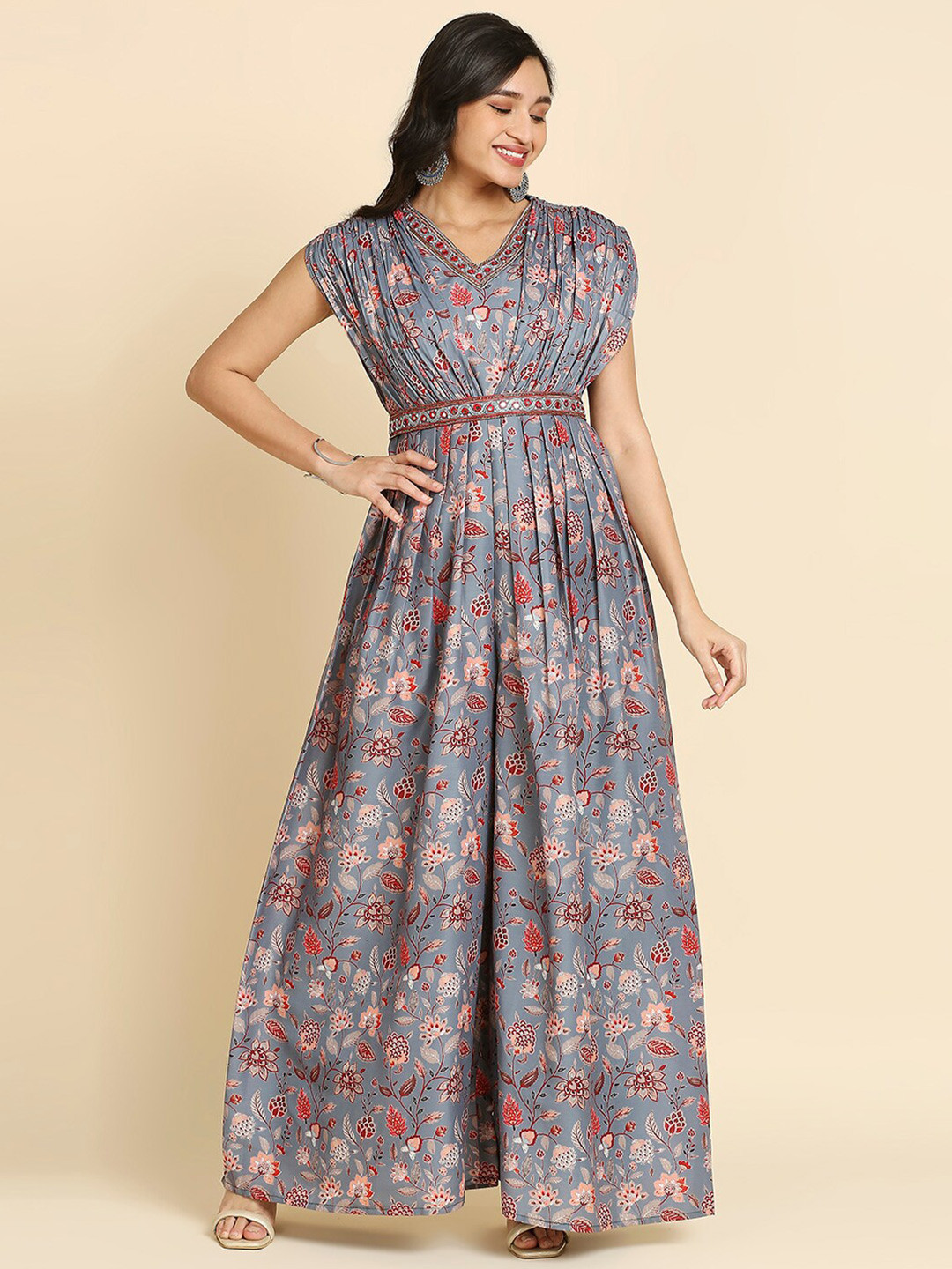 

MADHURAM Floral Printed Basic Jumpsuit, Grey