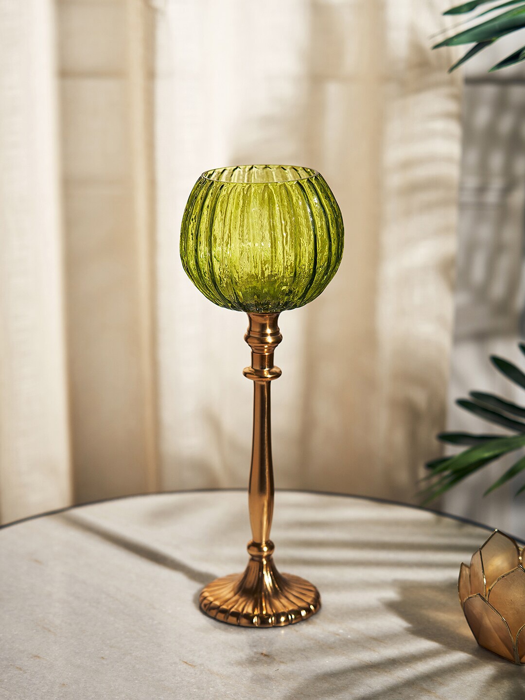 

Pure Home and Living Green & Beige Ribbed Votive Holder with Stand