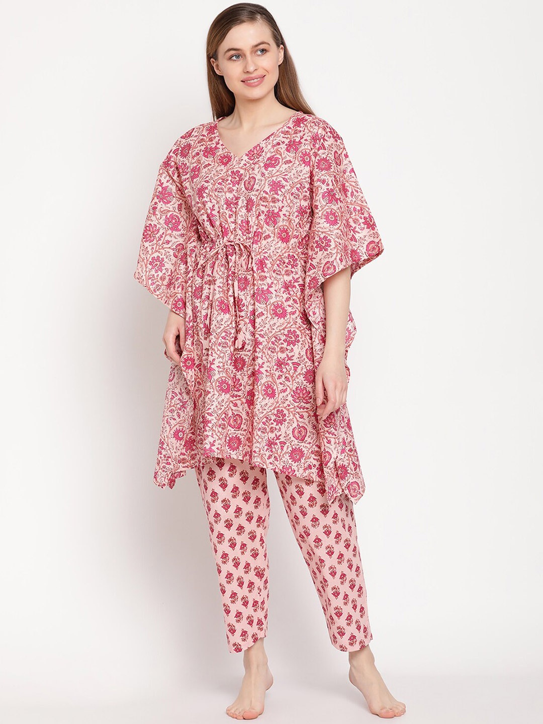 

TAG 7 Floral Printed Kaftan Night Suit, Pink