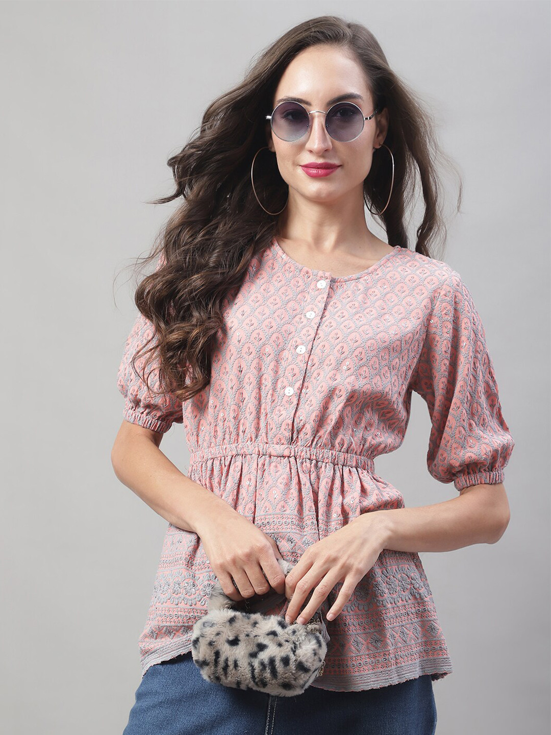

JAINISH Ethnic Motive Embellished Puff Sleeve Cotton Cinched Waist Top, Pink