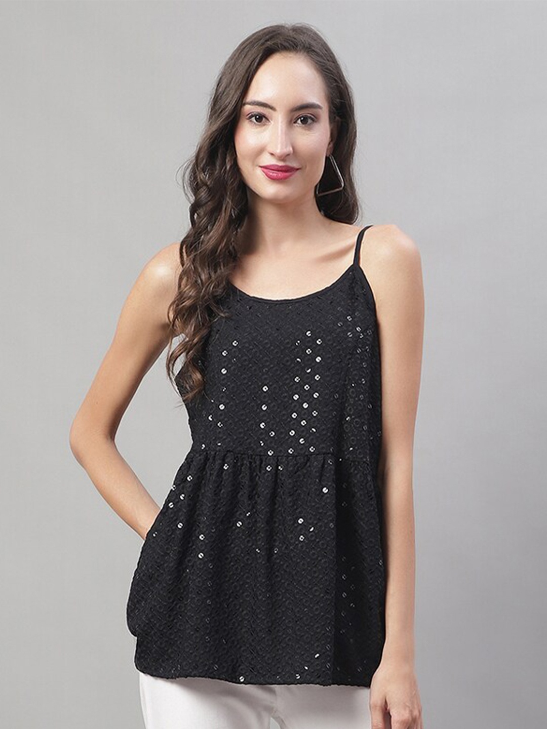 

JAINISH Embroidered Shoulder Straps Sequined Peplum Top, Black