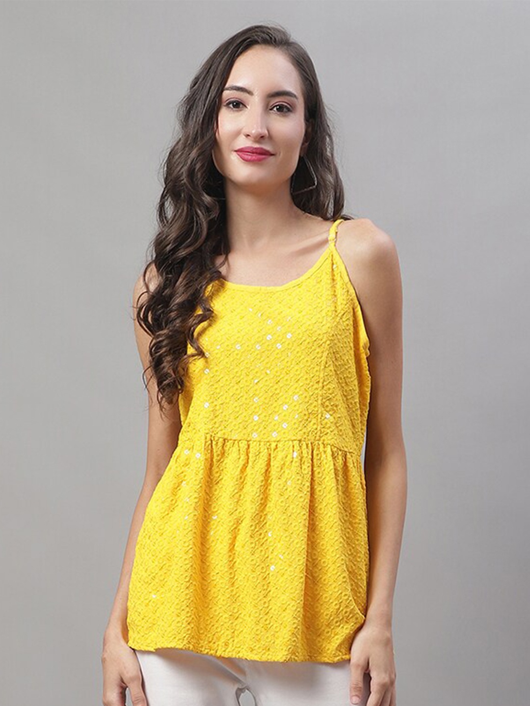 

JAINISH Chikankari Embellished Cotton Empire Strappy Top, Yellow