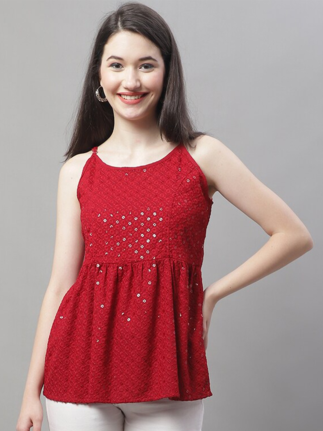 

JAINISH Embellished Embroidered Shoulder Straps Peplum Top, Maroon