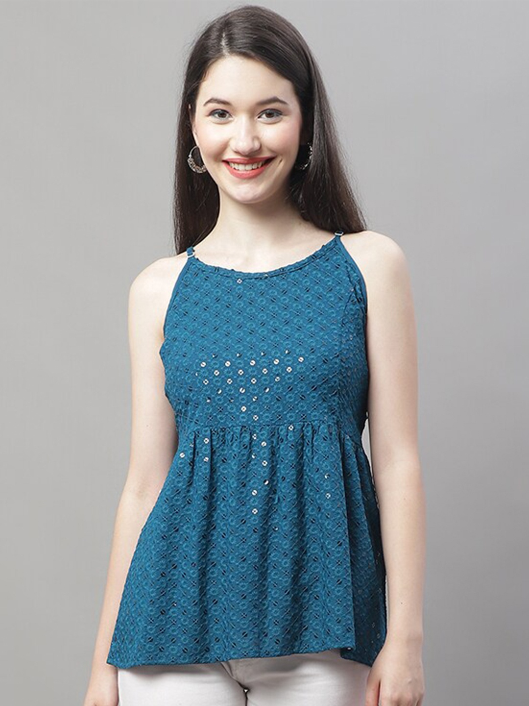 

JAINISH Embroidered Shoulder Straps Empire Top, Blue