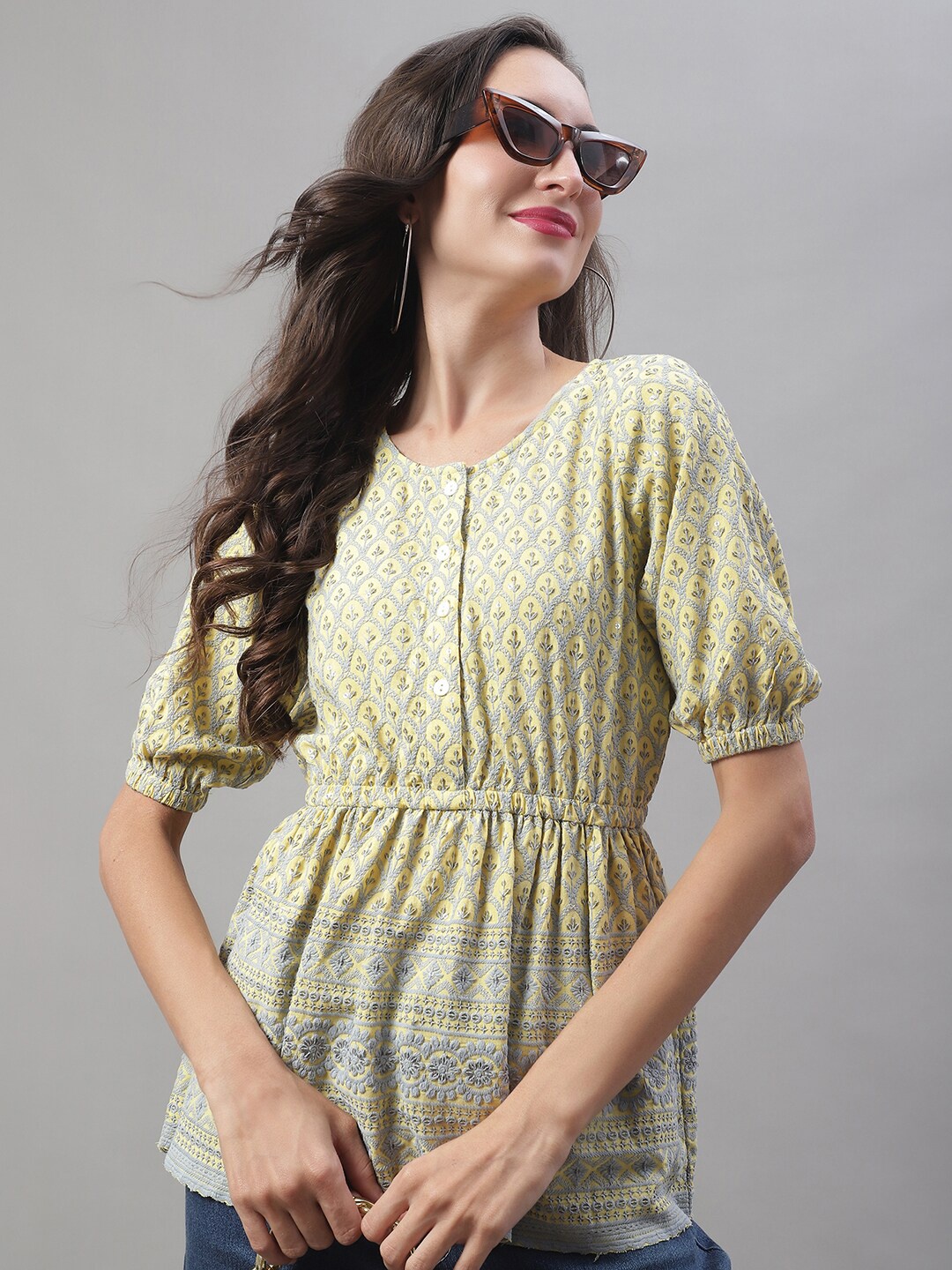 

JAINISH Self Design Puff Sleeves Pure Cotton Peplum Top, Yellow