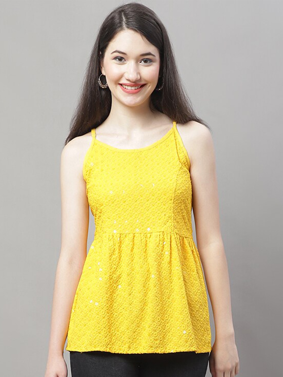 

JAINISH Chikankari Sequinned Embellished Empire Top, Yellow