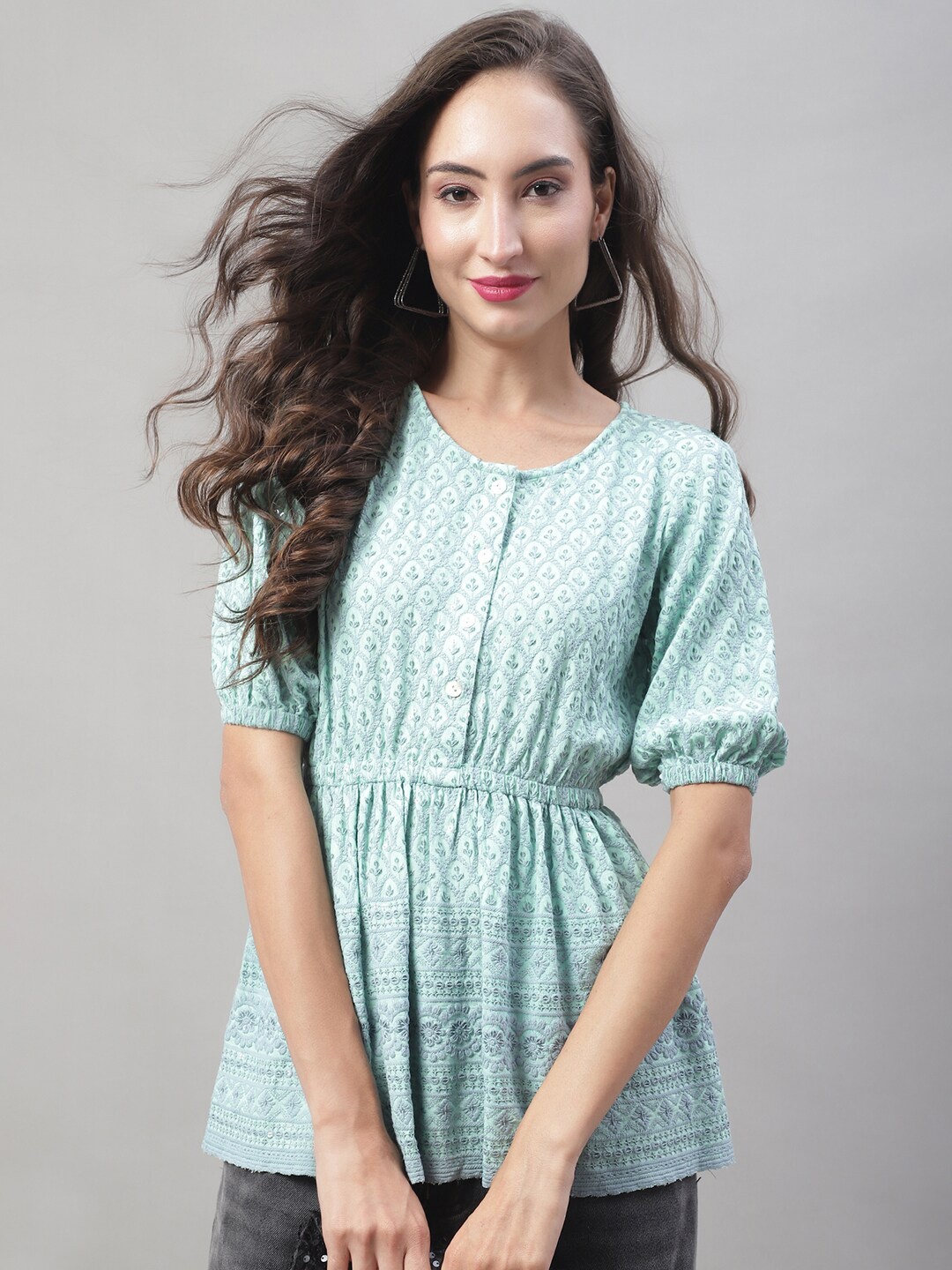 

JAINISH Ethnic Motive Embellished Puff Sleeve Cotton Cinched Waist Top, Blue