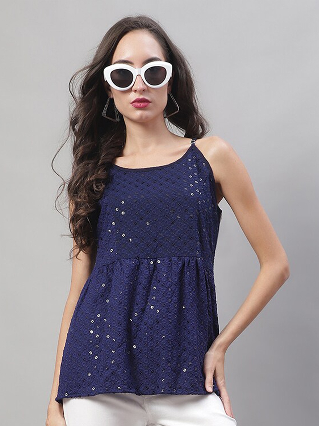 

JAINISH Embellished Embroidered Shoulder Straps Peplum Top, Navy blue