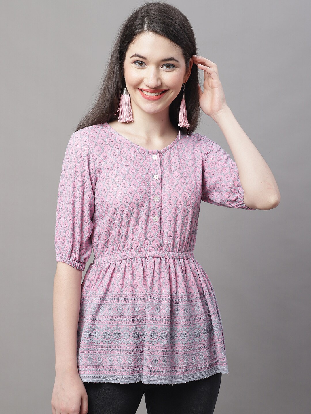 

JAINISH Floral Embroidered Pure Cotton Peplum Top, Pink