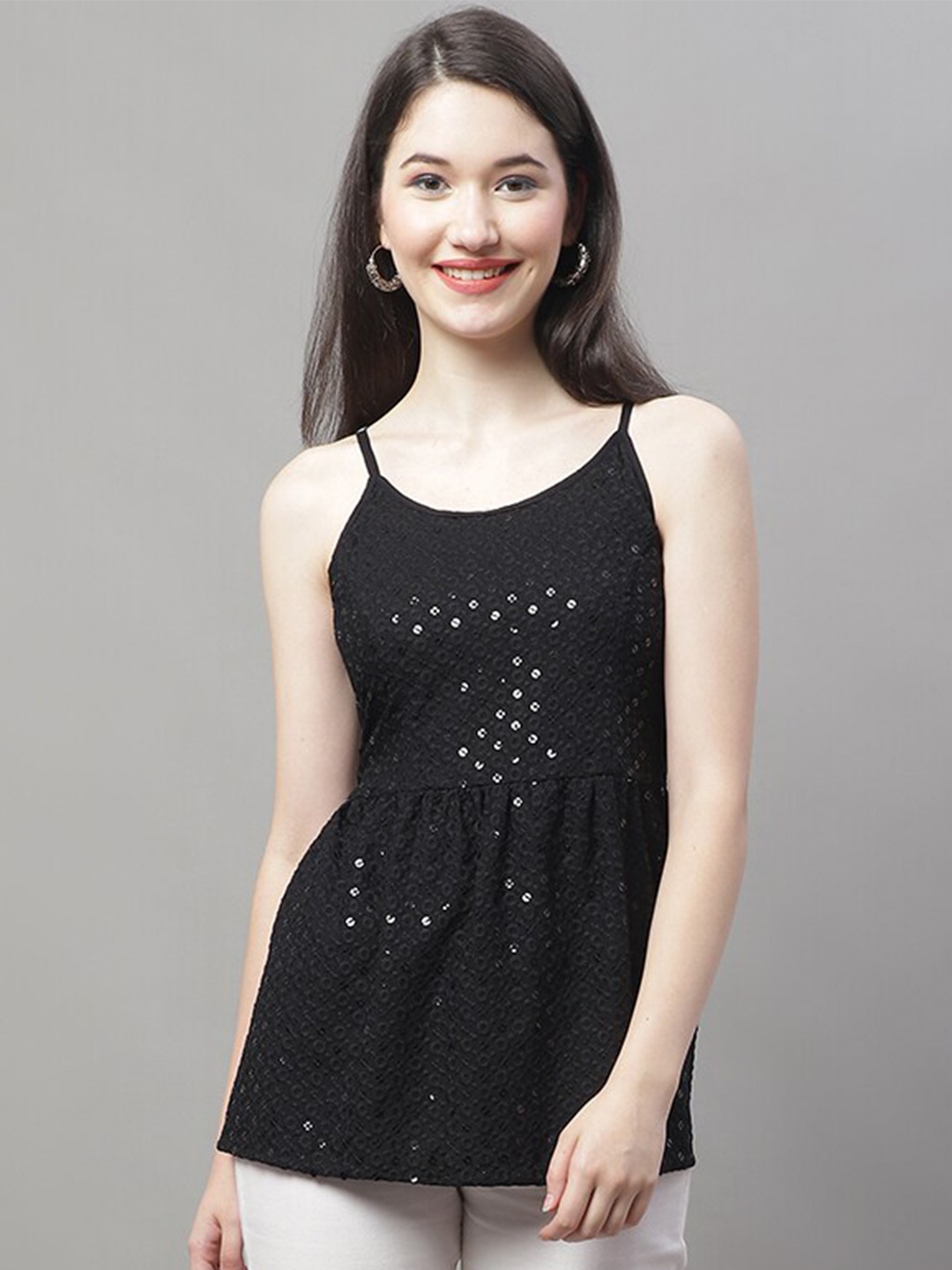 

JAINISH Shoulder Straps Embroidered Sequined Peplum Top, Black