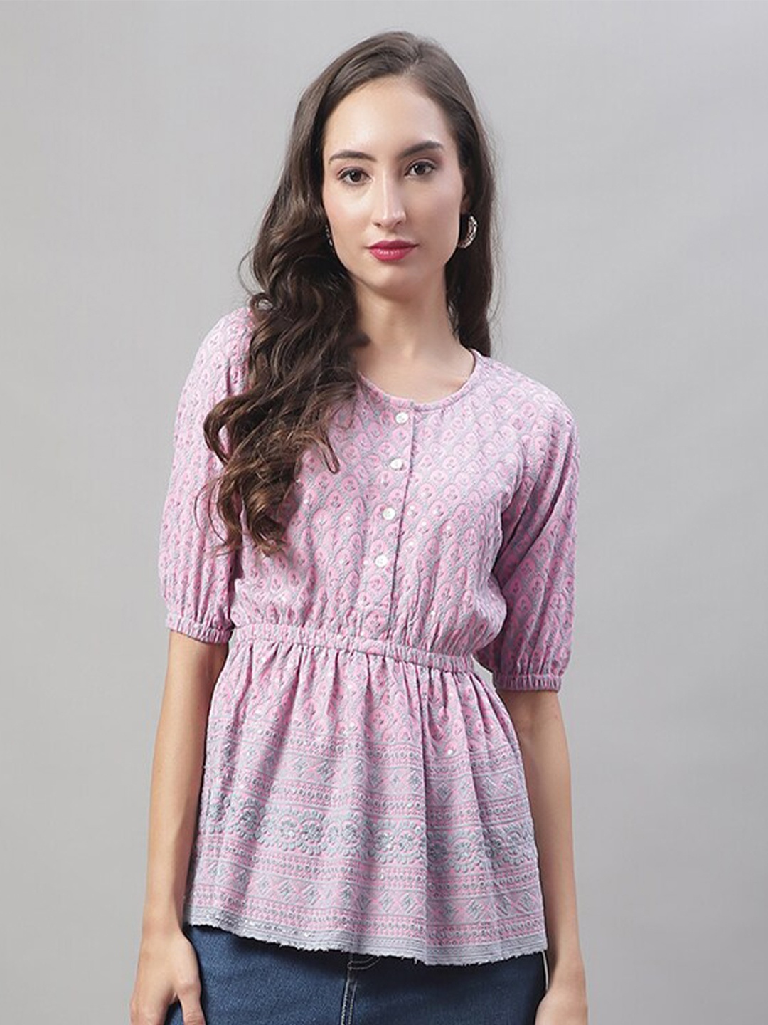 

JAINISH Ethnic Motif Embroidered Pure Cotton Cinched Waist Top, Pink
