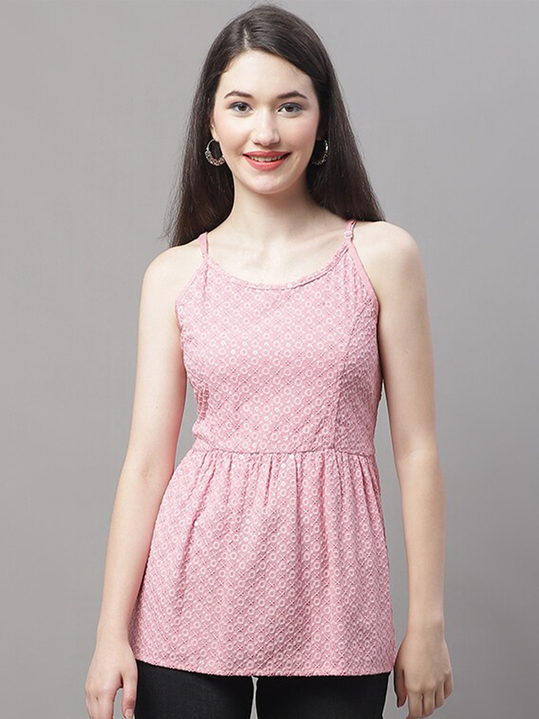

JAINISH Floral Embroidered Sleeveless Peplum Top, Pink