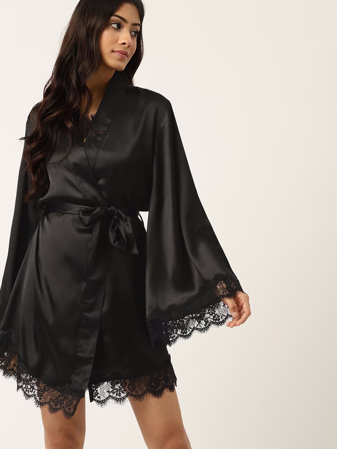

COLOR CAPITAL Flared Sleeves Lace Insert Satin Robe, Black