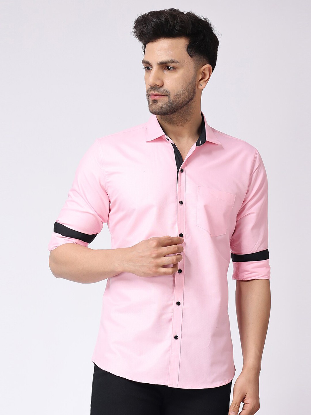 

Voroxy Men Spread Collar Opaque Cotton Casual Shirt, Pink