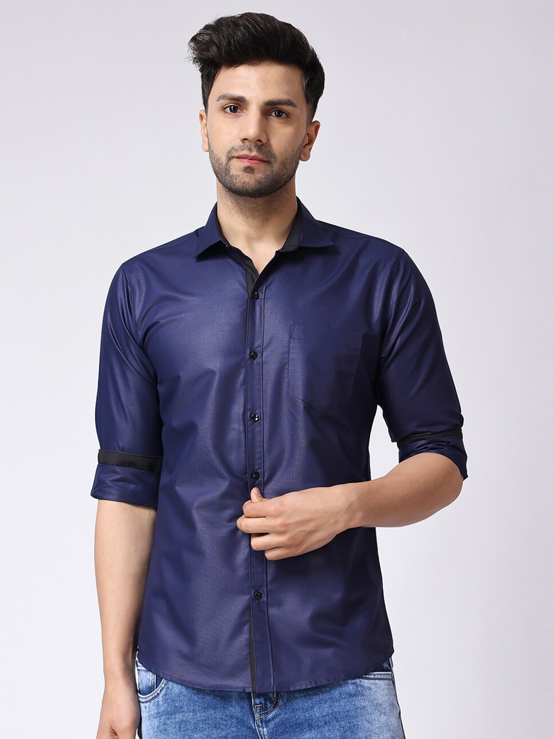 

Voroxy Spread Collar Long Sleeve Cotton Casual Shirt, Navy blue