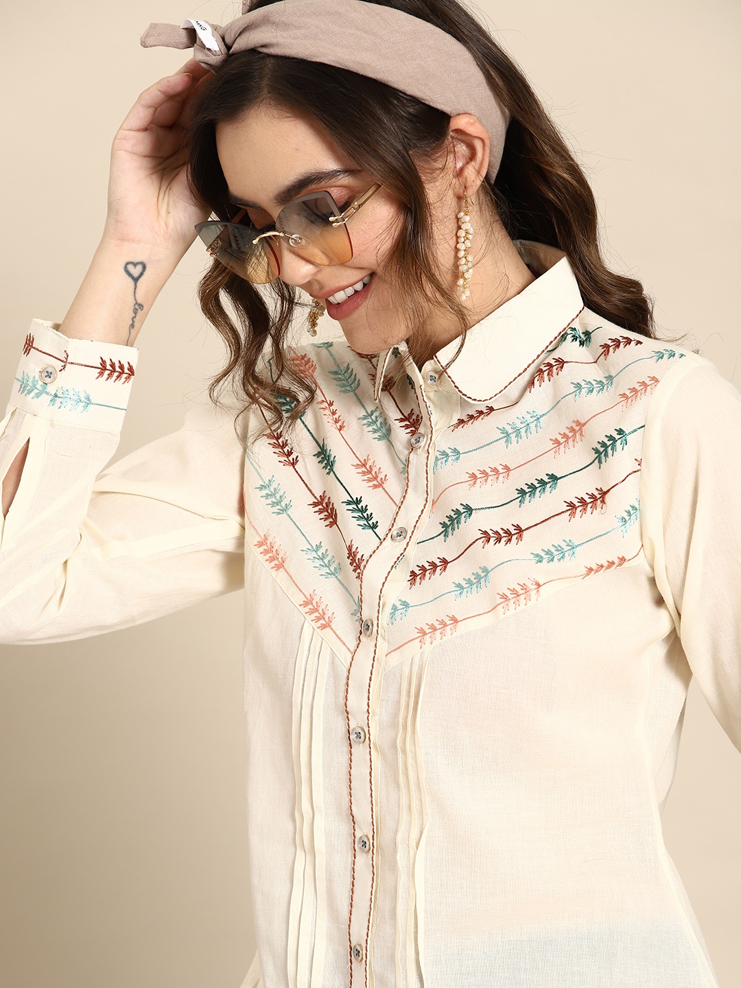 

Sangria Floral Embroidered Cotton Shirt Style Top, Beige