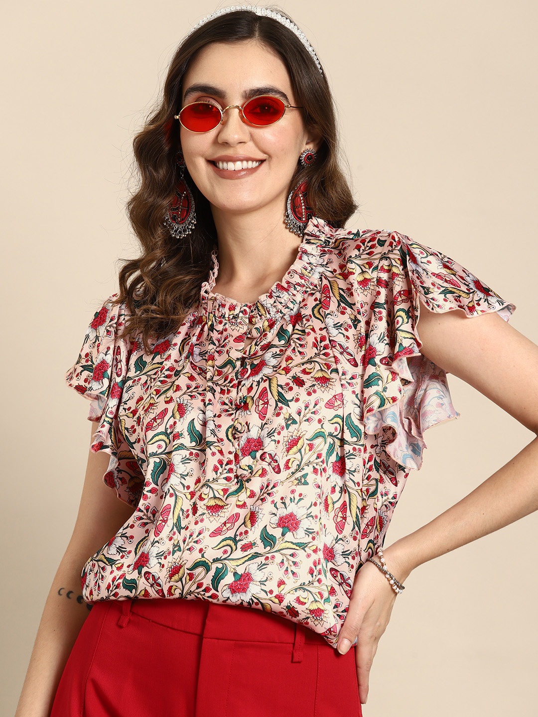 

Sangria Floral Print Satin Flutter Sleeve Ruffles Top, Multi