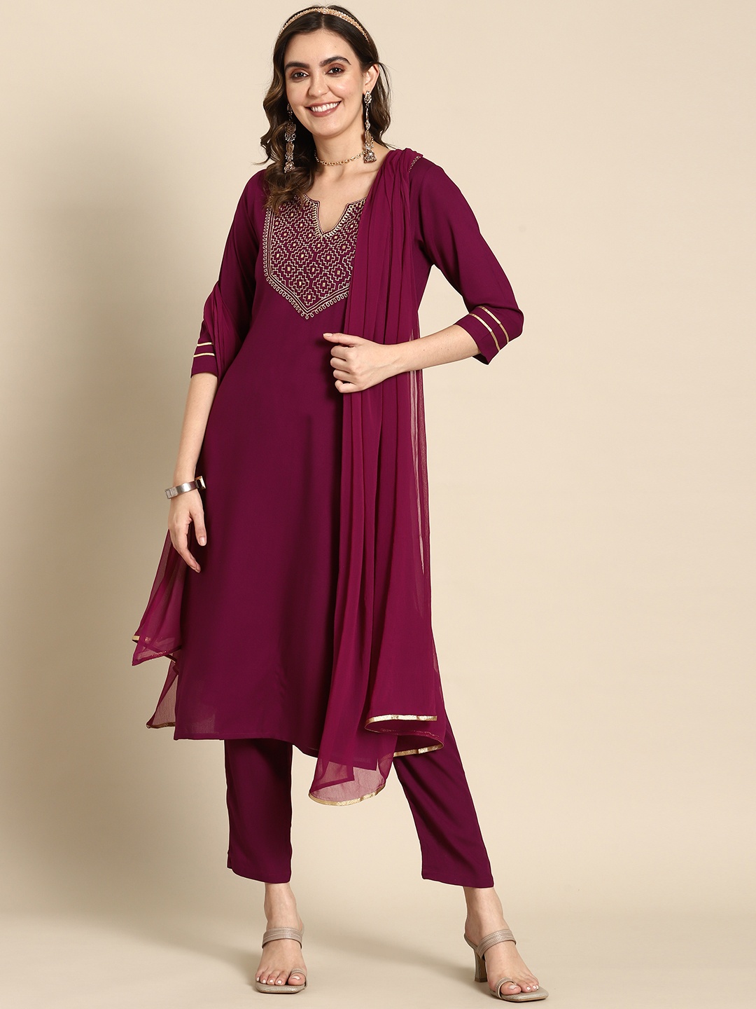 

Sangria Women Embroidered Regular Kurta with Trousers & With Dupatta, Burgundy