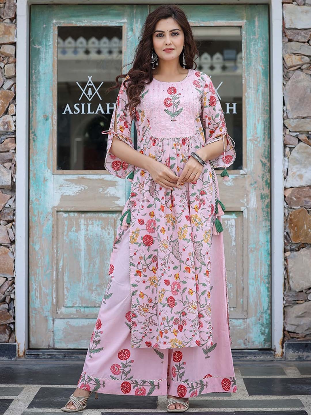 

KAAJH Floral Printed Sequinned High Slit Thread Work Pure Cotton Kurta with Palazzos, Pink