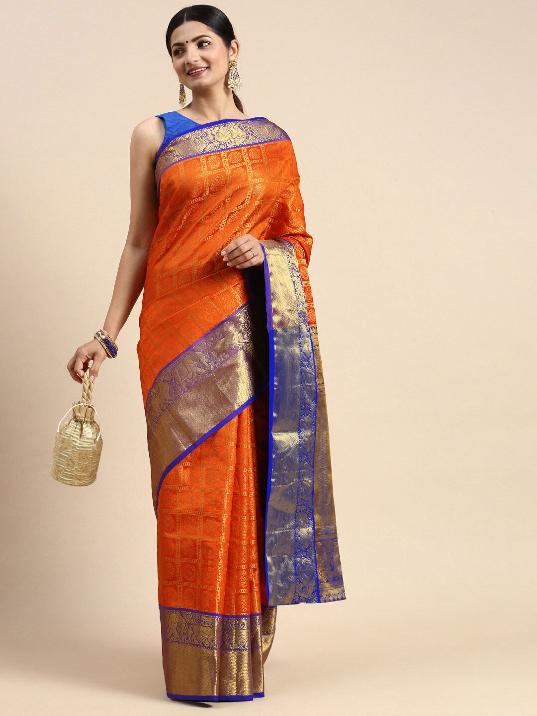 

AVANTIKA FASHION Ethnic Motif Woven Design Zari Pure Silk Kanjeevaram Saree, Orange