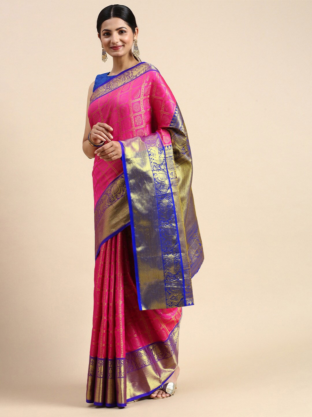 

AVANTIKA FASHION Ethnic Motif Woven Design Zari Pure Silk Kanjeevaram Saree, Pink