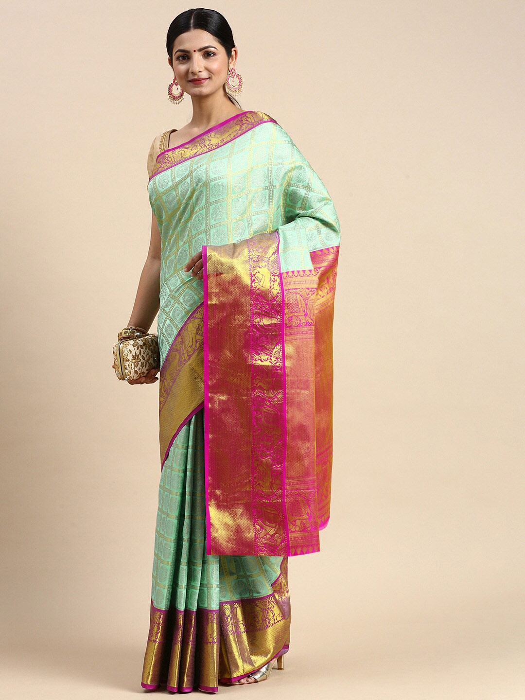 

AVANTIKA FASHION Ethnic Motif Woven Design Zari Pure Silk Kanjeevaram Saree, Sea green