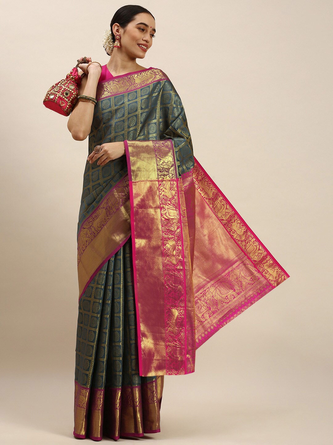 

AVANTIKA FASHION Ethnic Motif Woven Design Zari Pure Silk Kanjeevaram Saree, Grey