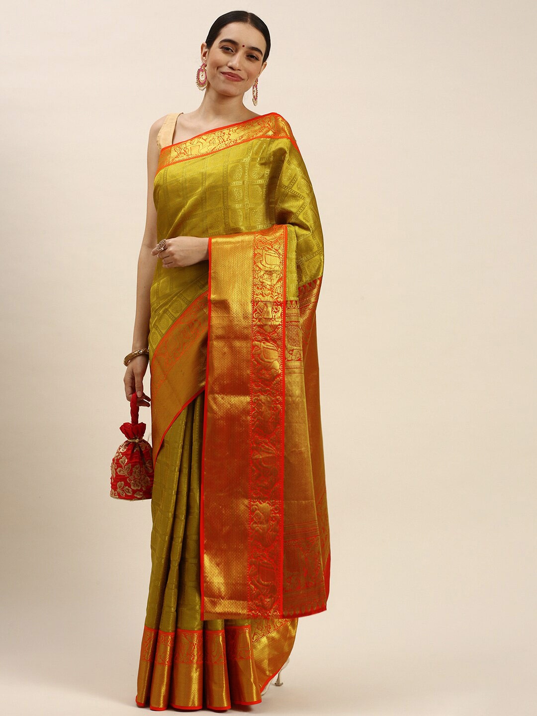 

AVANTIKA FASHION Ethnic Motif Woven Design Zari Pure Silk Kanjeevaram Saree, Yellow