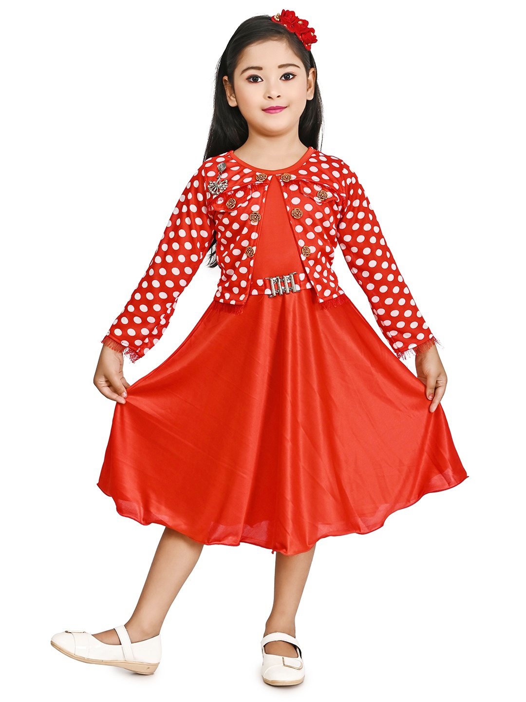 

carrydreams Girls Polka Dots Printed Layered A-Line Midi Dress, Red