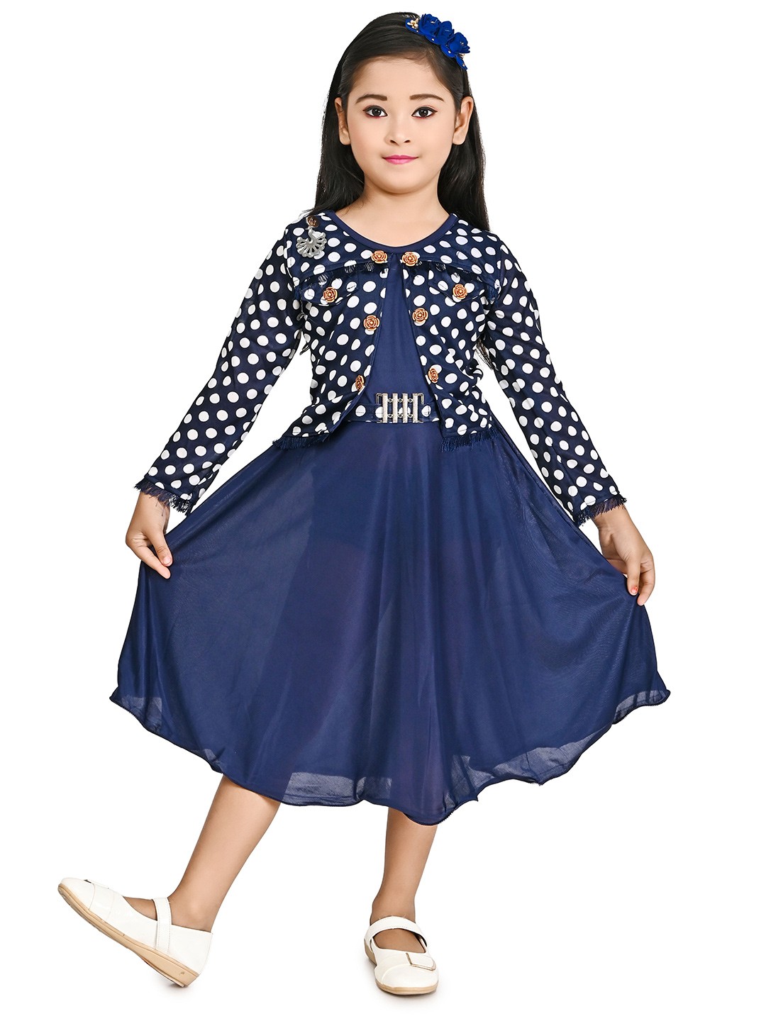 

carrydreams Girls Polka Dots Printed Layered A-Line Midi Dress, Navy blue