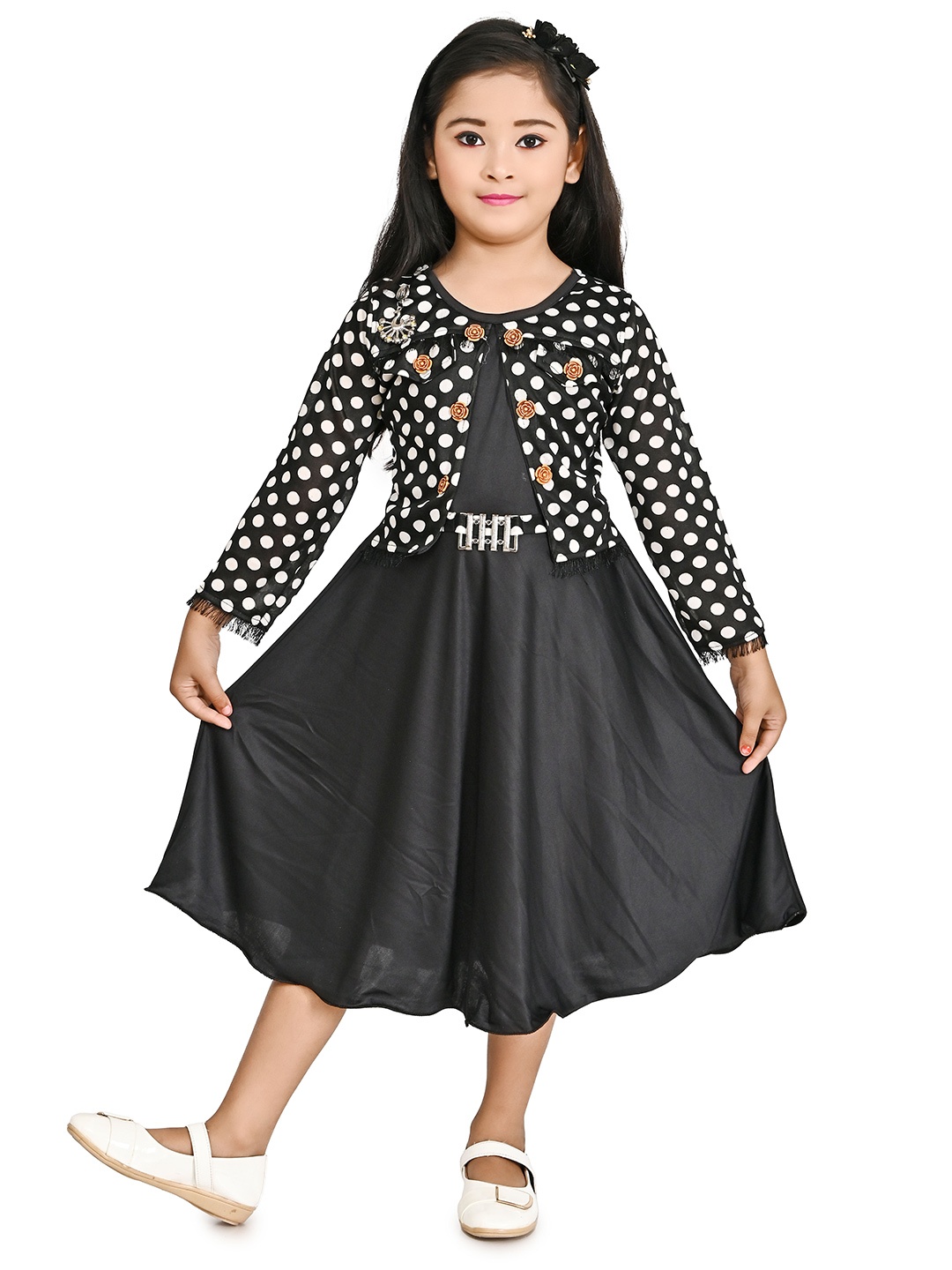 

carrydreams Girls Polka Dots Printed Layered A-Line Midi Dress, Black