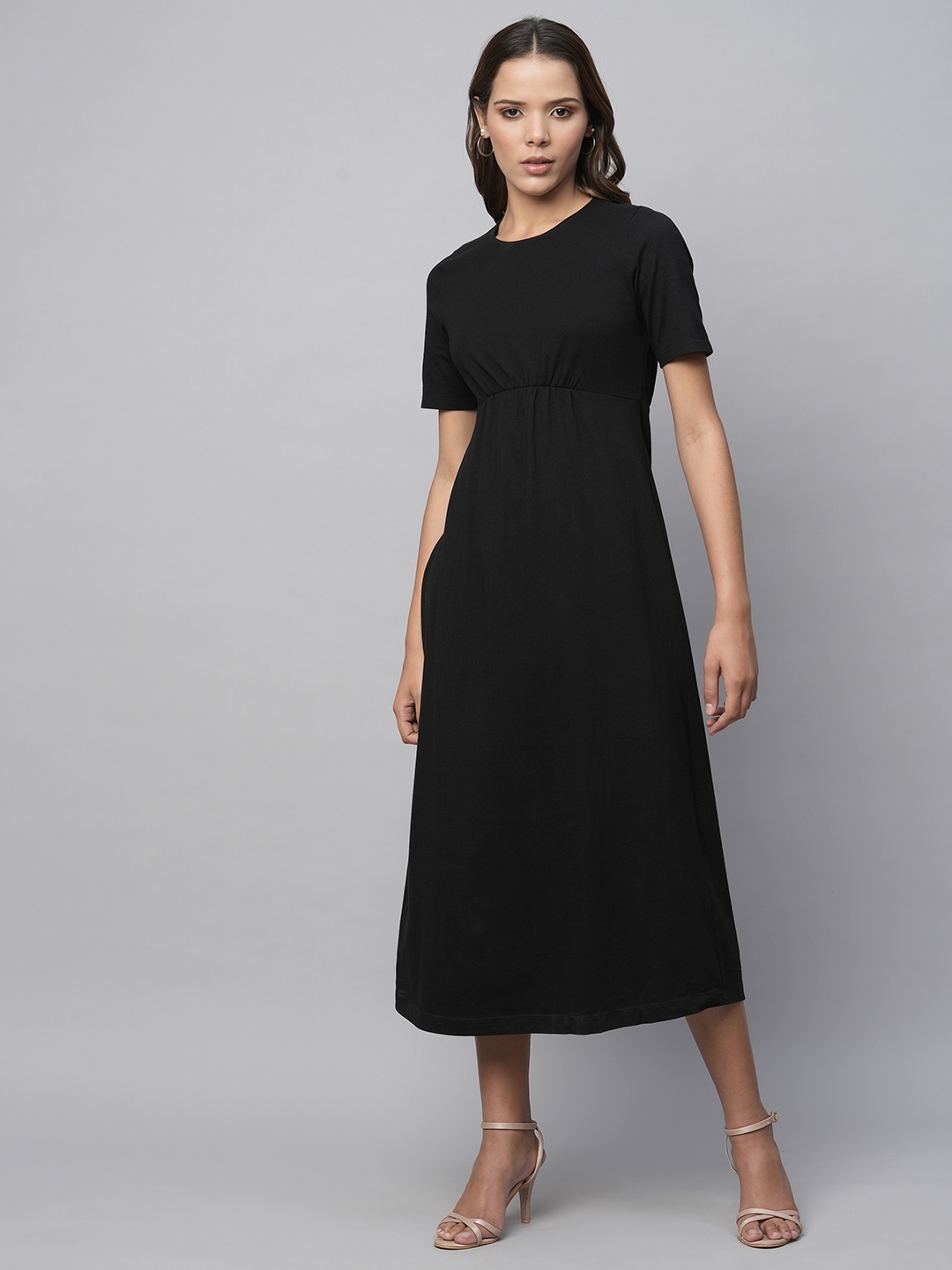

Chemistry Round Neck Pure Cotton A-Line Midi Dress, Black