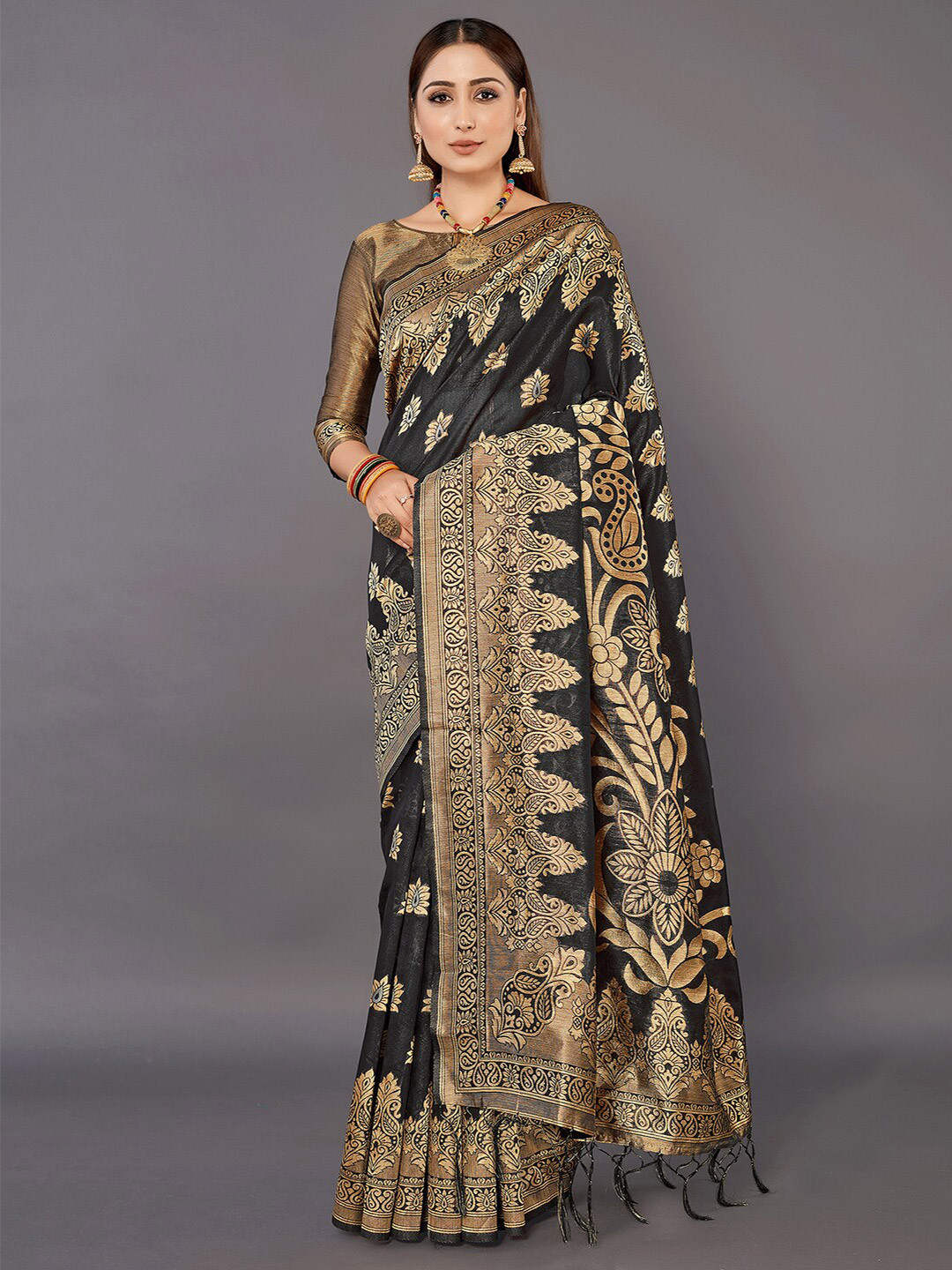

Mitera Ethnic Motif Silk Cotton Banarasi Zari Saree With Tassle, Black