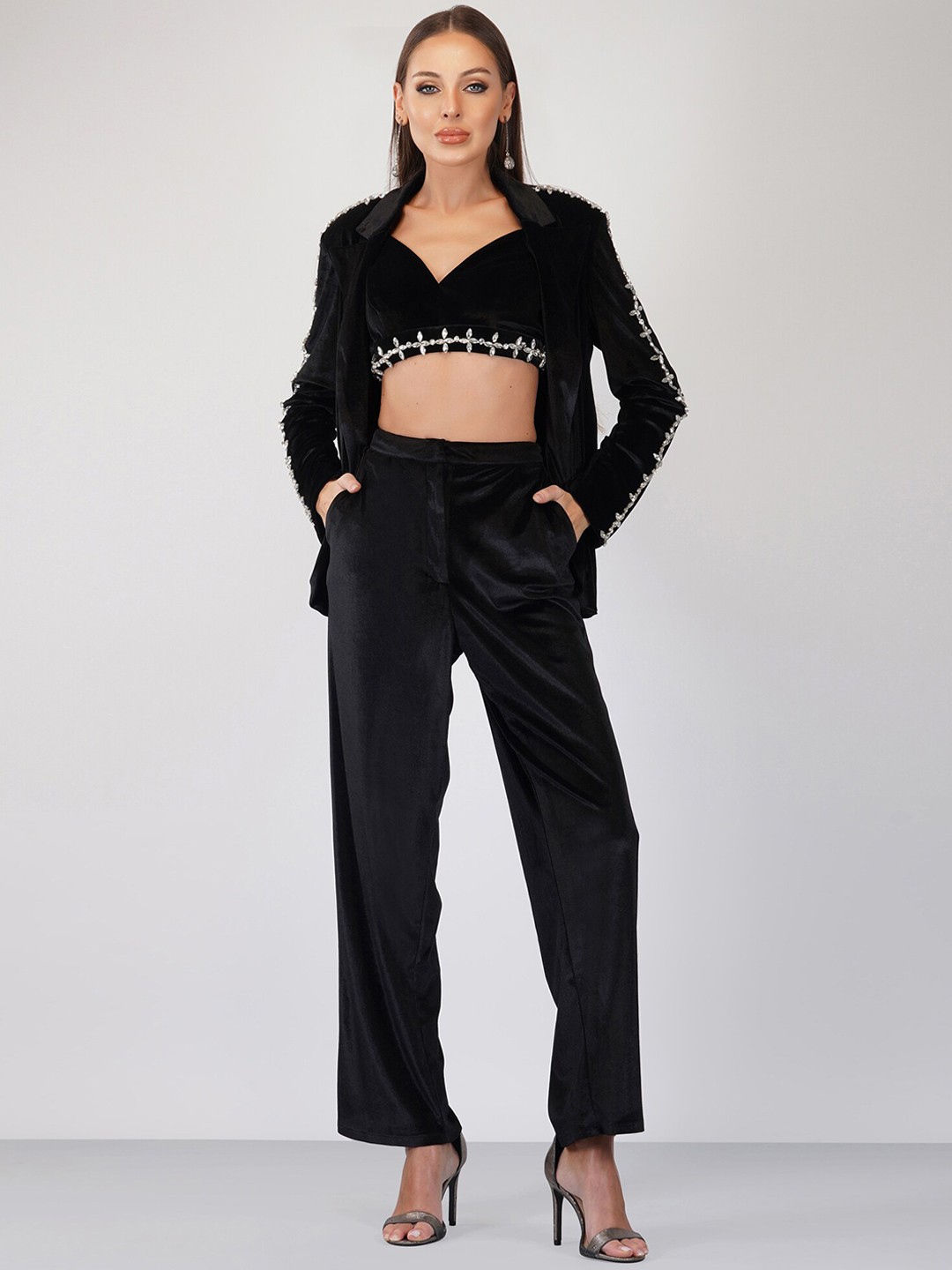 

ATTIC SALT Women Velvet Embellished Open Front Blazer, Black